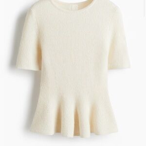 NWT H&M RIB-KNIT PEPLUM TOP, SOFT SWEATER, CREAM, FITTED, WOMEN’S L